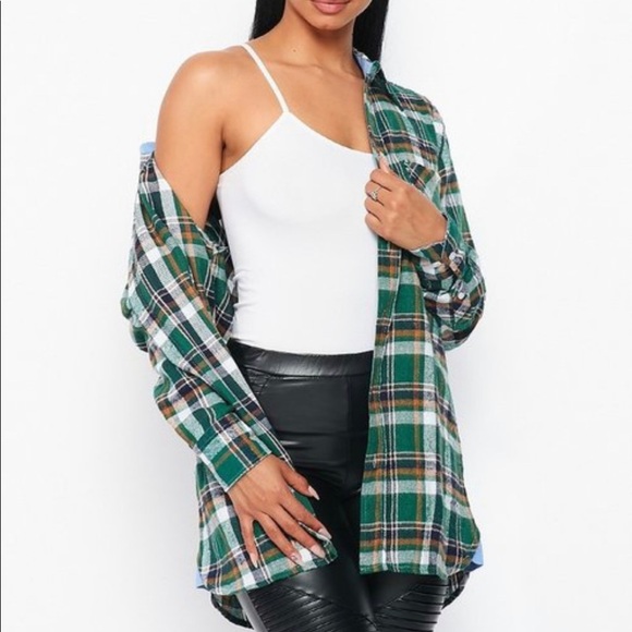 NEW FALL UNISEX TRENDY GREEN MULTI PLAID FLANNEL LONG SLEEVE BUTTON UP SHIRT - Picture 4 of 7